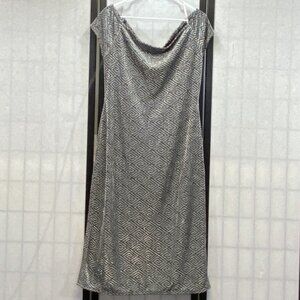 Derek Heart Greek Key Shimmer Shift Dress 1X Black Silver Boat Neck Cap Sleeve